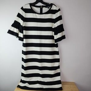 Lauren Ralph Lauren Black White‎ Stripe Sheath Dress Medium Bell Sleeve Capsule